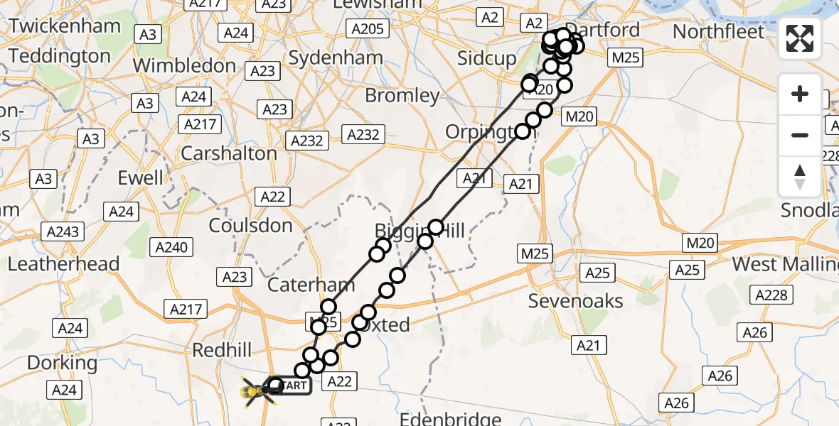 Flight route map: Police Helicopter to South Nutfield, Crab Hill Lane