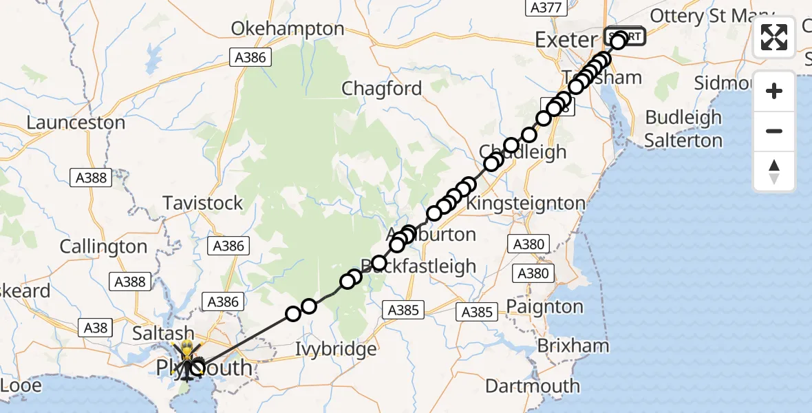 Flight route map: Police Helicopter to Plymouth, Portland Road