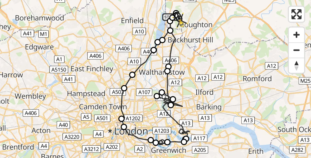 Flight route map: Police Helicopter to Metropolitan Police Air Support Unit Lippitts Hill, Metropolitan Police Air Support Unit Lippitts Hill