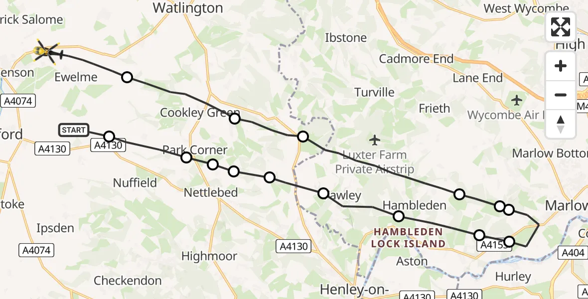 Flight route map: Police Helicopter to Ewelme, The Sands