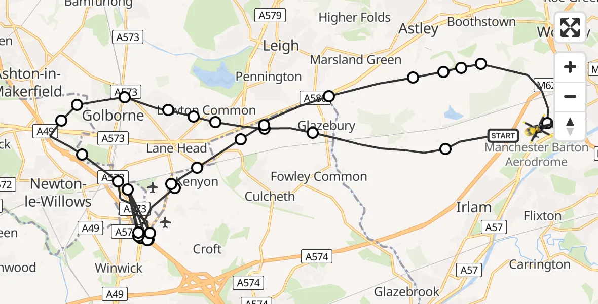 Flight route map: Police Helicopter to Manchester Barton Aerodrome, Manchester Barton Aerodrome