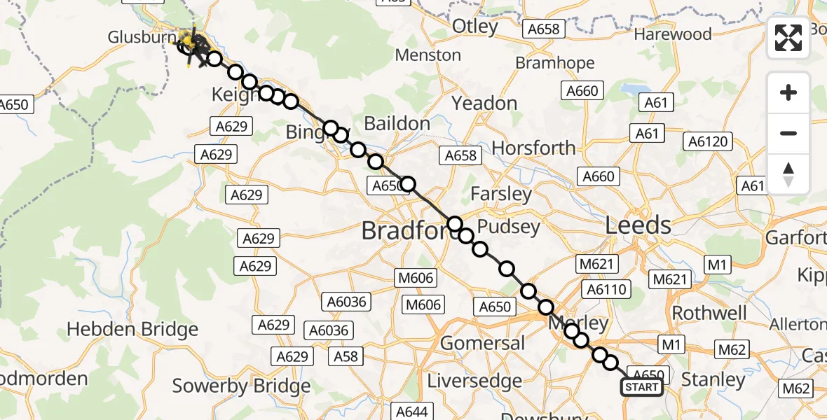 Flight route map: Police Helicopter to Steeton, Barrows Lane