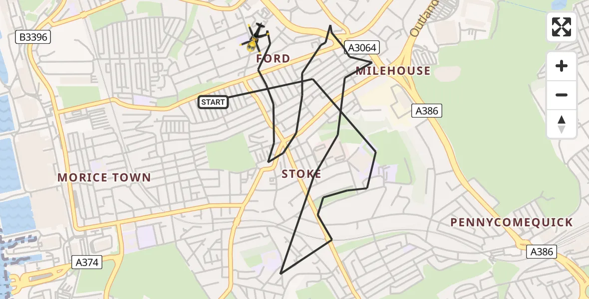 Flight route map: Police Helicopter to Plymouth, Auckland Road
