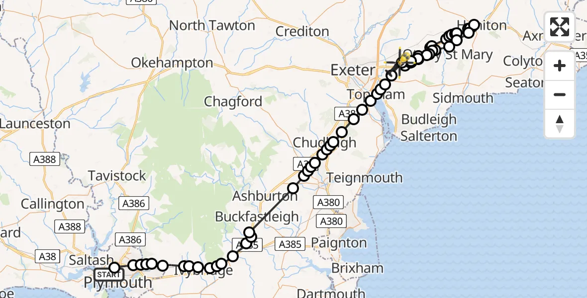 Flight route map: Police Helicopter to Exeter International Airport, Exeter International Airport