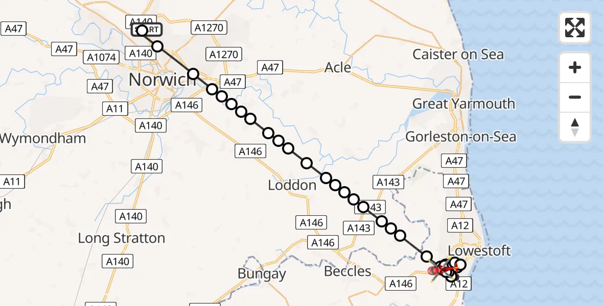 Flight route map: Air Ambulance Helicopter to Lowestoft, Lowestoft