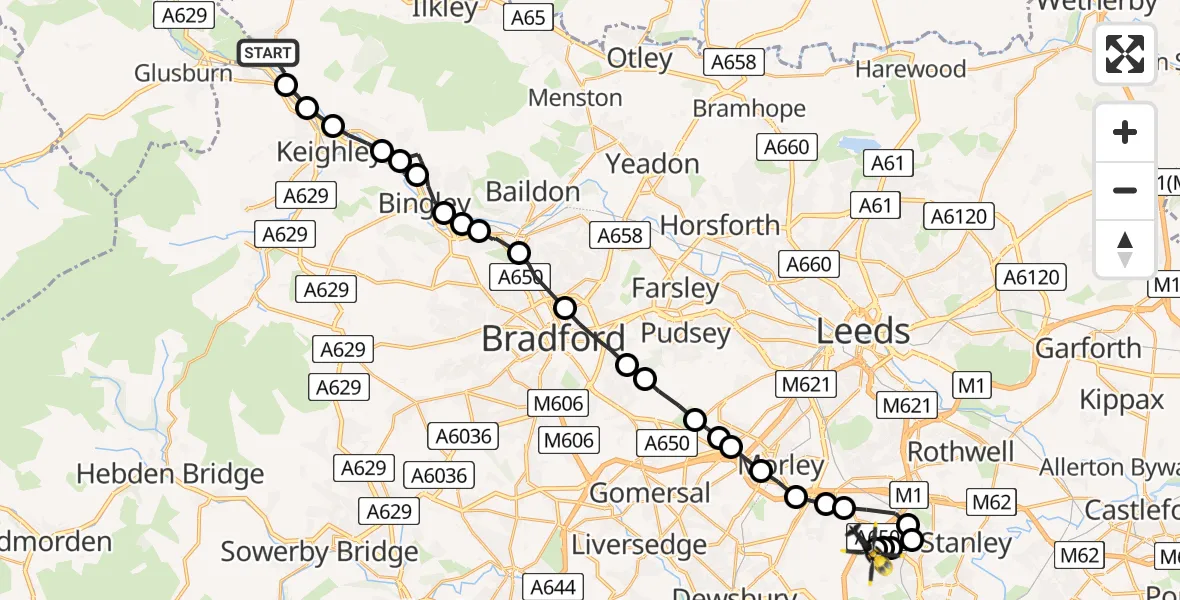 Routekaart van de vlucht: Police Helicopter to East Ardsley, Stoney Lane