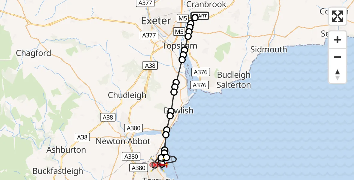 Flight route map: Air Ambulance Helicopter to Torquay, Hartop Road