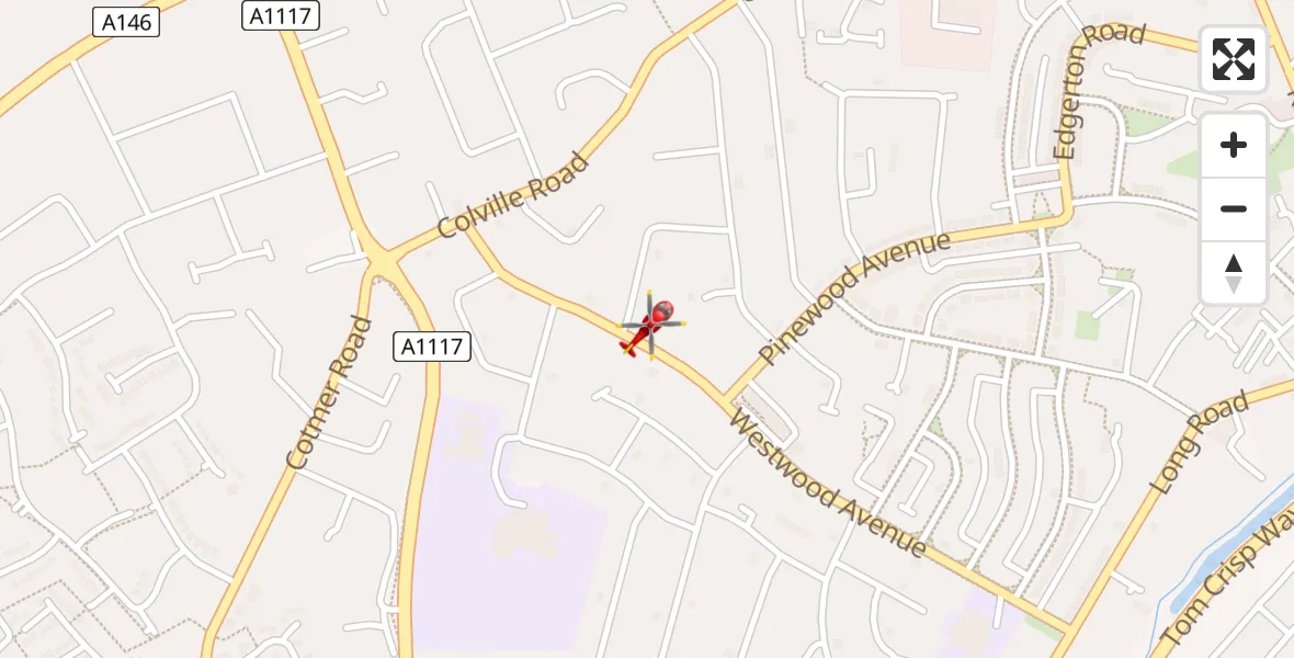 Routekaart van de vlucht: Air Ambulance Helicopter to Oulton Broad, Westwood Avenue