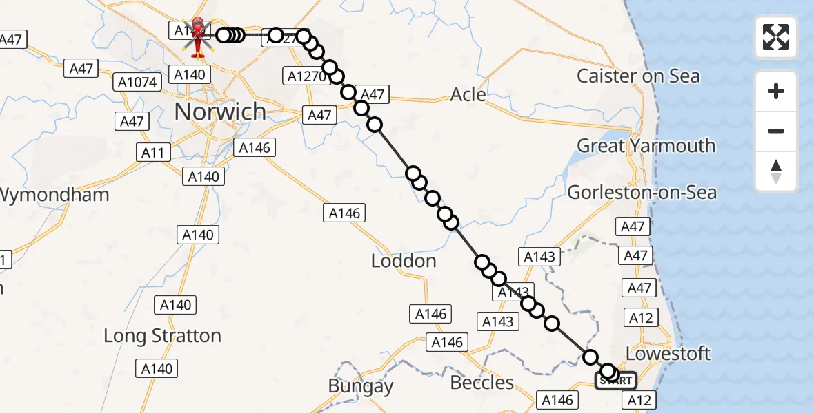 Routekaart van de vlucht: Air Ambulance Helicopter to Norwich Airport, Norwich Airport