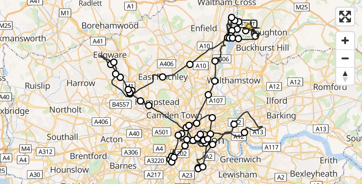 Flight route map: Police Helicopter to Sewardstonebury, Hornbeam Lane