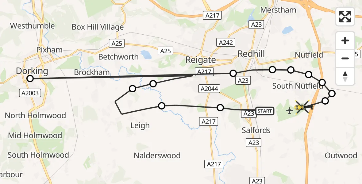 Flight route map: Police Helicopter to South Nutfield, Crab Hill Lane