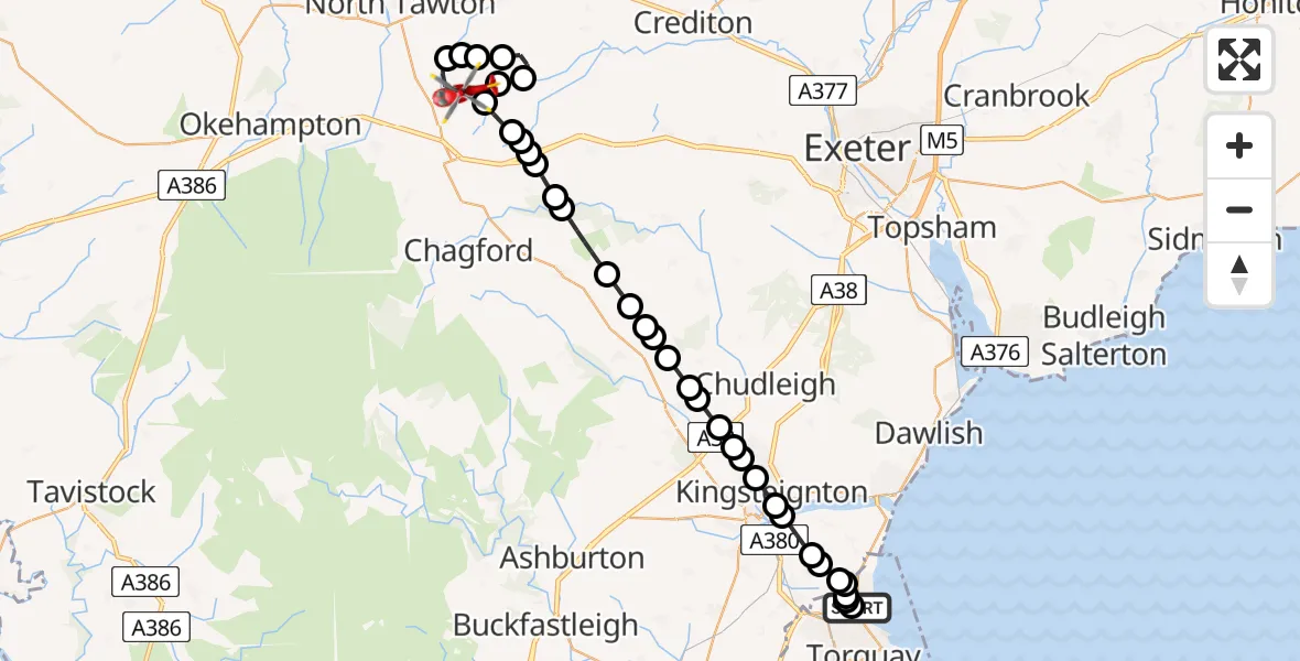 Routekaart van de vlucht: Air Ambulance Helicopter to Spreyton, Cross Meadow