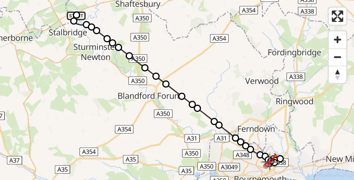 Flight route map: Air Ambulance Helicopter to Throop, Castle Gate Close