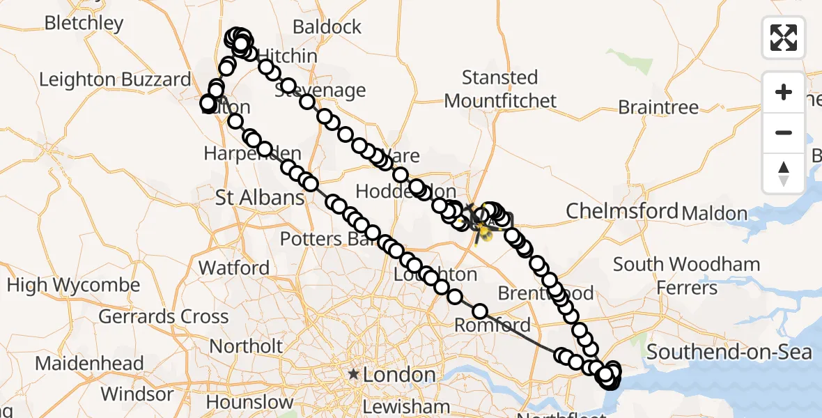 Flight route map: Police Helicopter to North Weald Airfield, North Weald Airfield