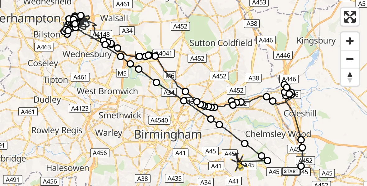 Flight route map: Police Helicopter to Solihull, Wichnor Road
