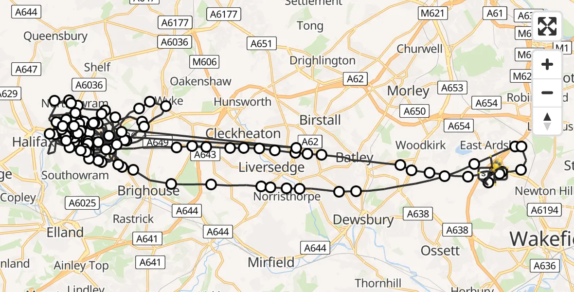 Flight path map showing Police Helicopter route from East Ardsley to East Ardsley