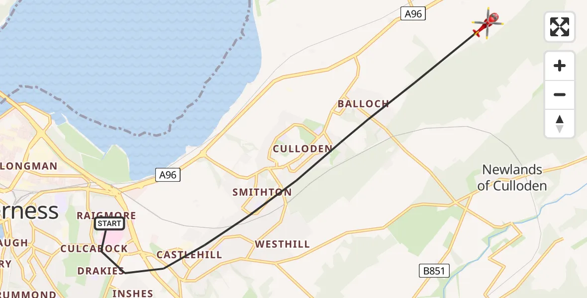 Flight path map showing Air Ambulance Helicopter route from Inverness to Inverness