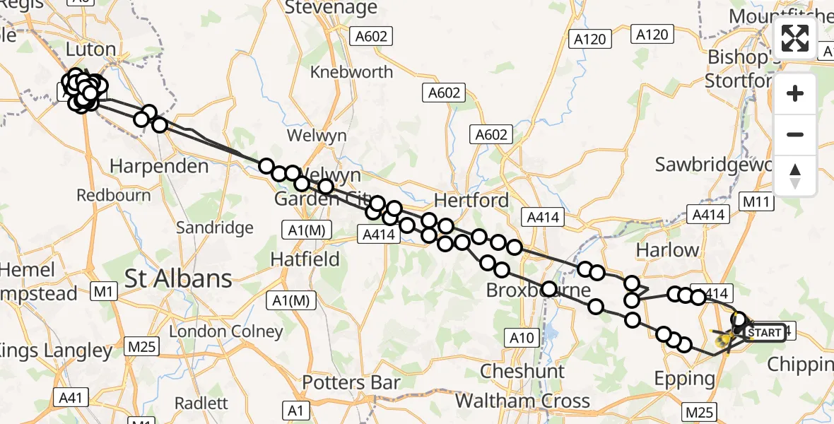 Flight route map: Police Helicopter to North Weald Airfield, North Weald Airfield