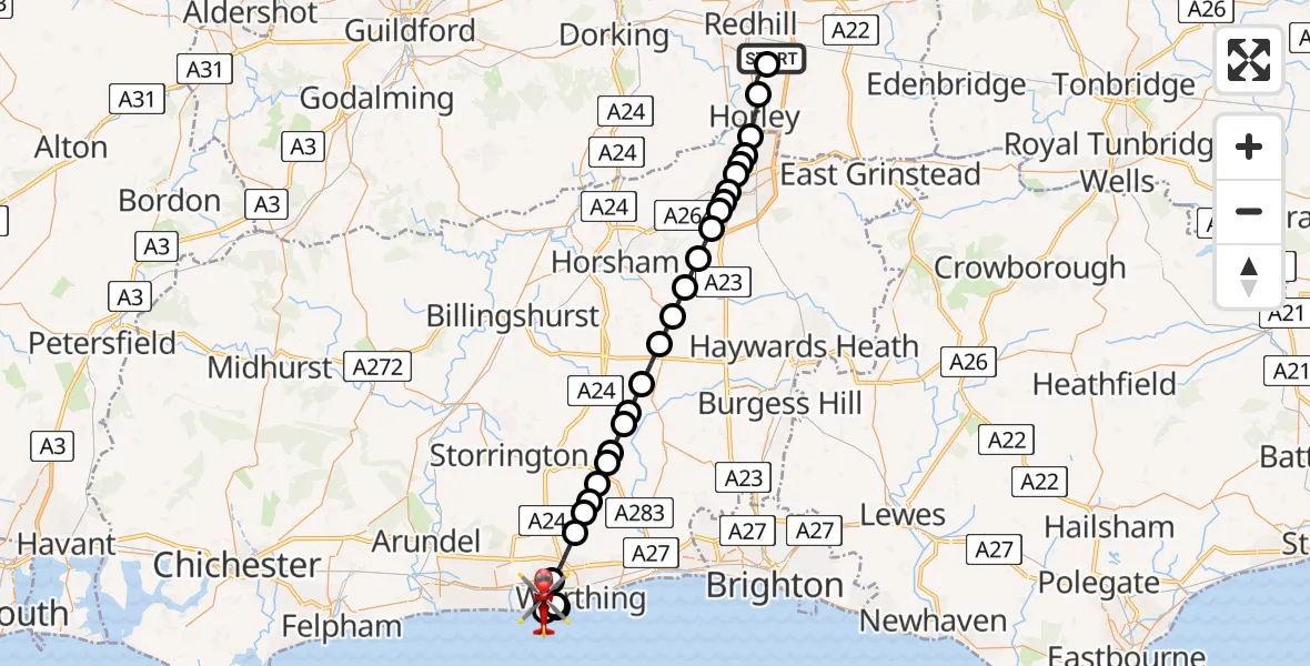 Flight route map: Air Ambulance Helicopter to Goring-by-Sea, Marine Crescent