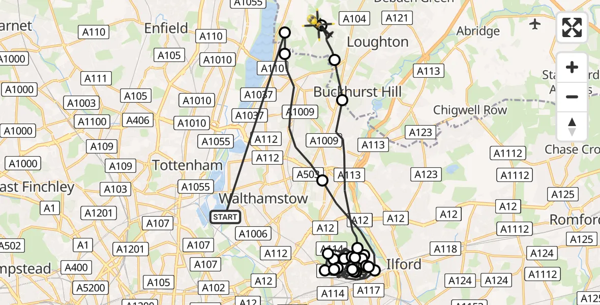Flight route map: Police Helicopter to Metropolitan Police Air Support Unit Lippitts Hill, Metropolitan Police Air Support Unit Lippitts Hill