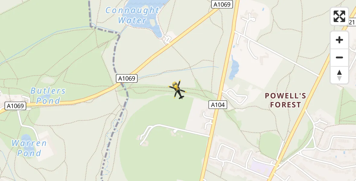 Routekaart van de vlucht: Police Helicopter to Buckhurst Hill, Epping New Road