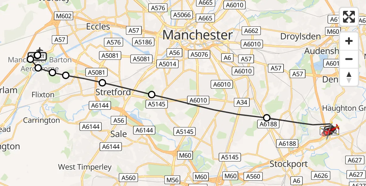 Flight route map: Air Ambulance Helicopter to Stockport, Oldmoor Road
