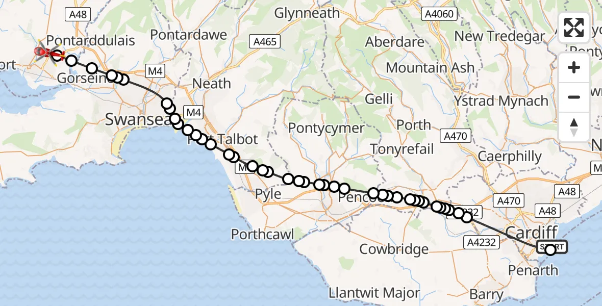 Flight route map: Air Ambulance Helicopter to Dafen, Heol Aur