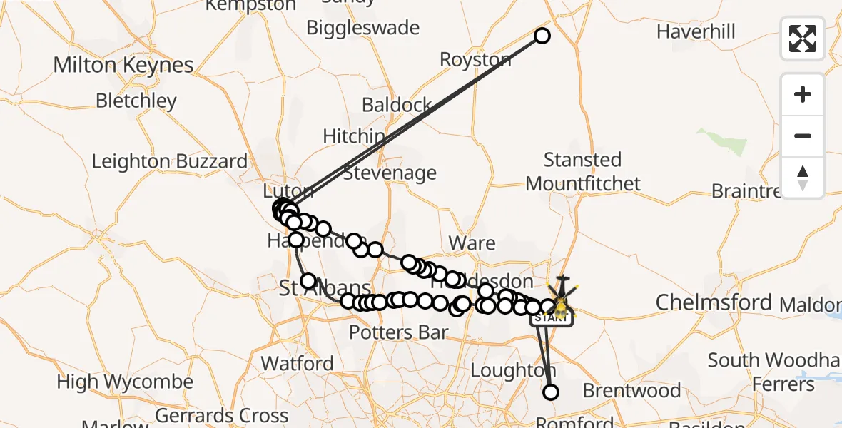 Flight route map: Police Helicopter to North Weald Bassett, Hazelwood Park