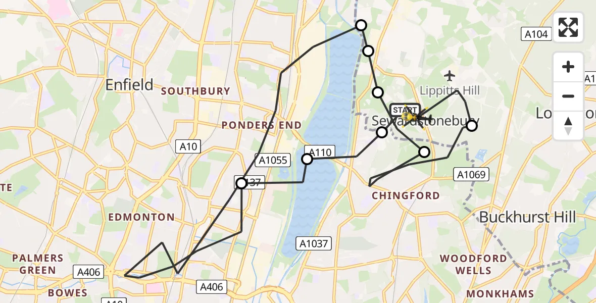 Routekaart van de vlucht: Police Helicopter to Sewardstonebury, Farm End