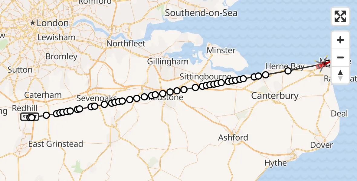 Flight route map: Air Ambulance Helicopter to Westgate-on-Sea, Canterbury Road