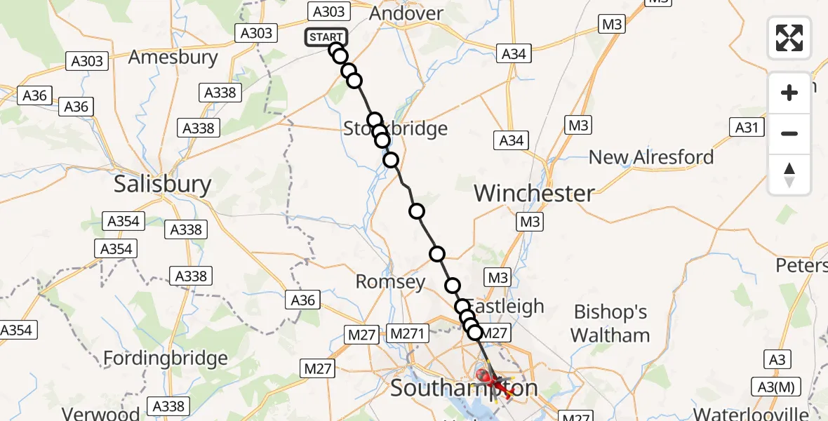 Flight route map: Air Ambulance Helicopter to Southampton, Sholing Road
