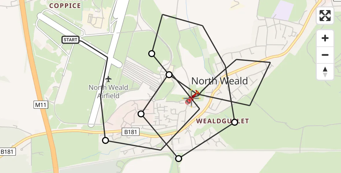 Flight route map: Air Ambulance Helicopter to North Weald Bassett, Church Lane
