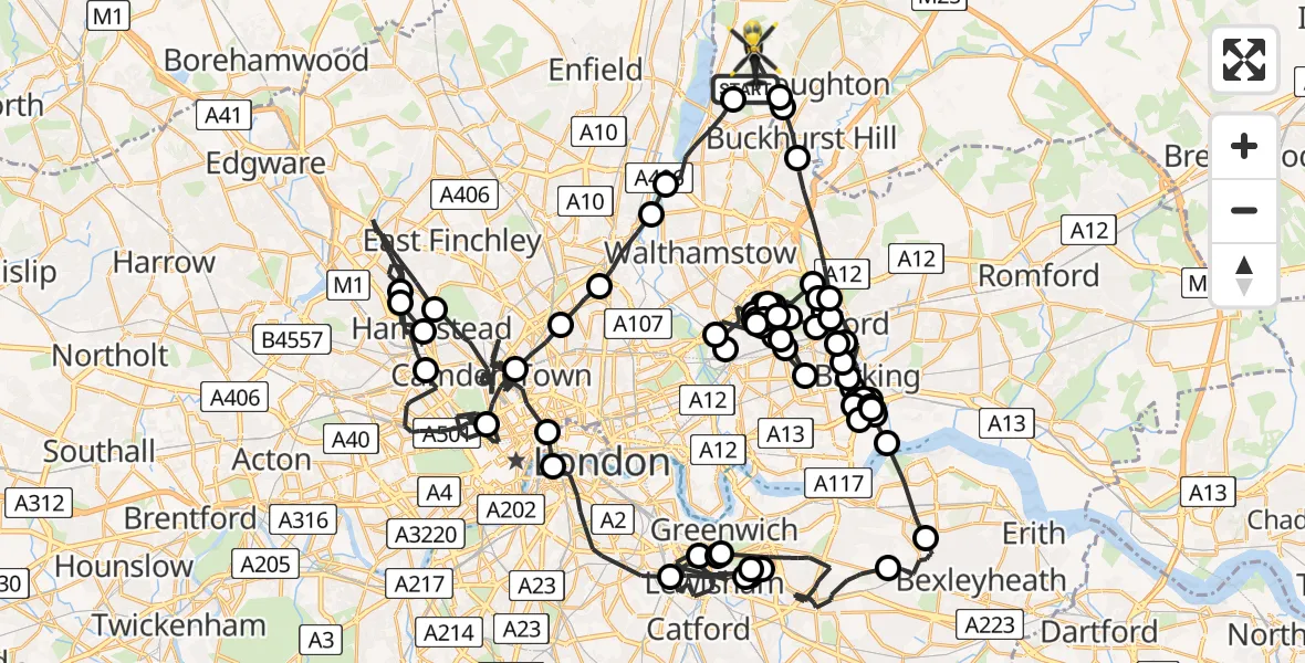 Flight route map: Police Helicopter to Sewardstonebury, Blind Lane