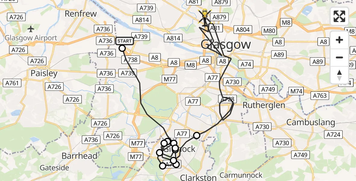 Flight route map: Police Helicopter to Glasgow, Grovepark Place