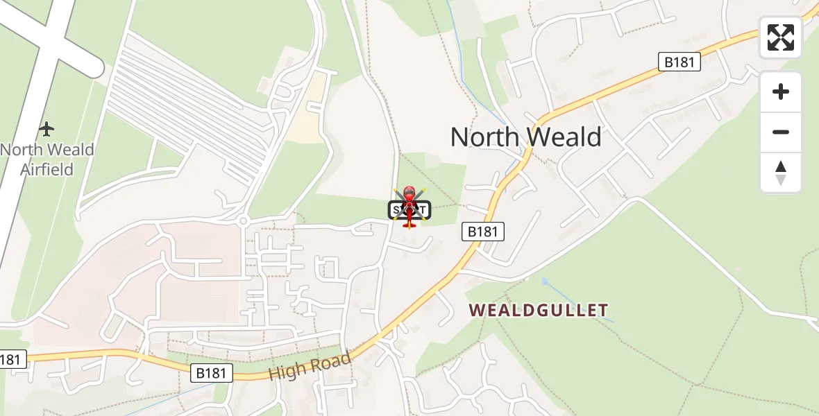 Flight route map: Air Ambulance Helicopter to North Weald Bassett, Church Lane