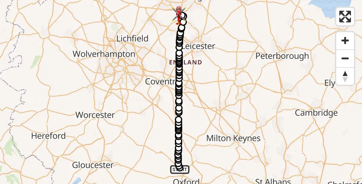 Flight route map: Air Ambulance Helicopter to East Midlands Airport, East Midlands Airport
