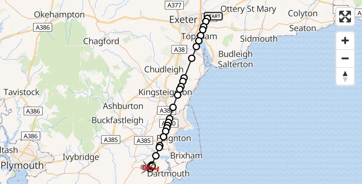 Routekaart van de vlucht: Air Ambulance Helicopter to Cornworthy, Cornworthy