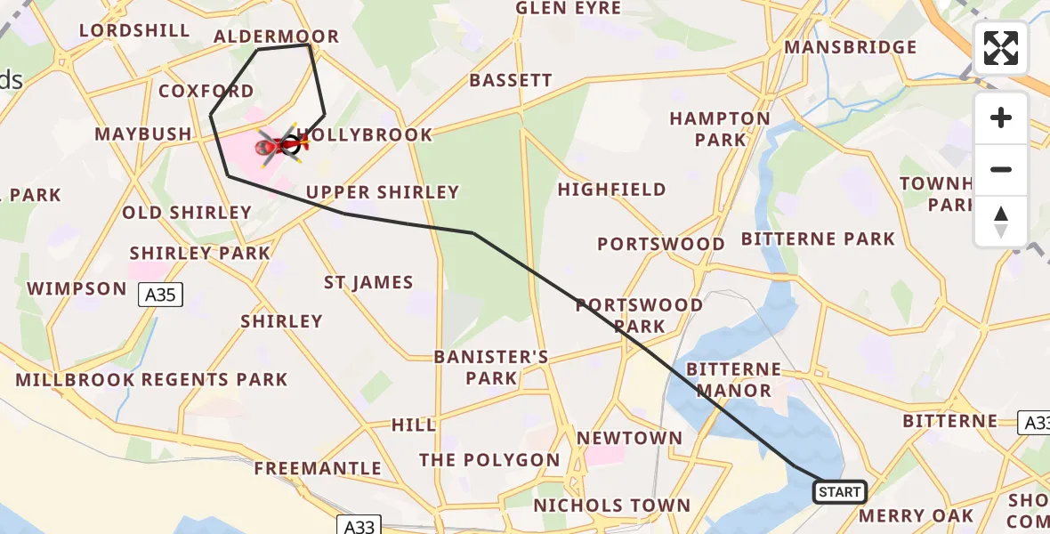 Flight route map: Air Ambulance Helicopter to University Hospital Southampton, Seymour Road