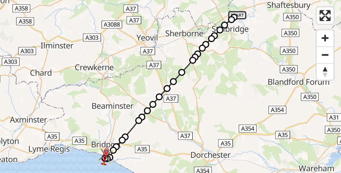 Flight route map: Air Ambulance Helicopter to Bridport, Station Road