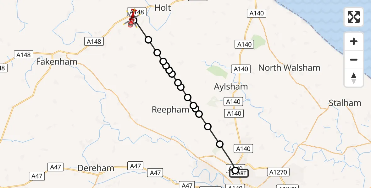 Routekaart van de vlucht: Air Ambulance Helicopter to North Norfolk, Thornage Road