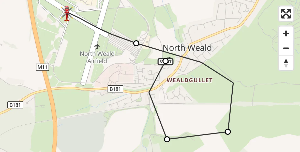 Flight route map: Air Ambulance Helicopter to North Weald Airfield, North Weald Airfield