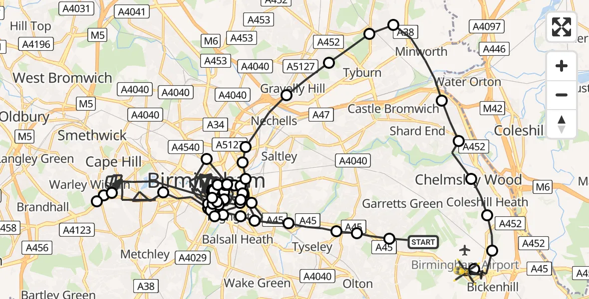 Flight route map: Police Helicopter to Birmingham Airport, Birmingham Airport