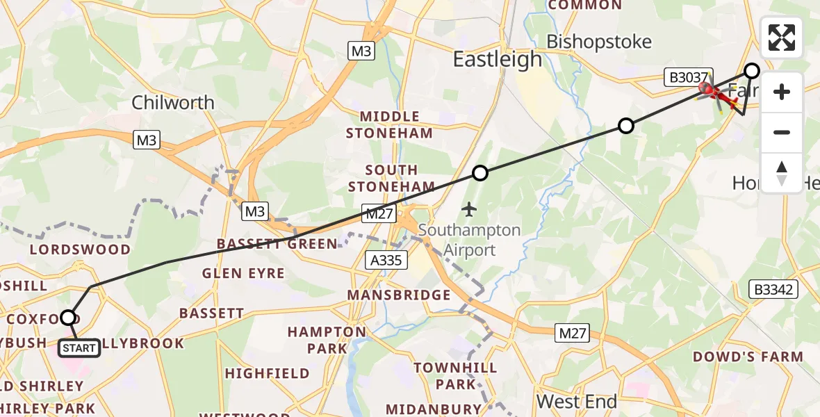 Routekaart van de vlucht: Air Ambulance Helicopter to Fair Oak, Trafford Road