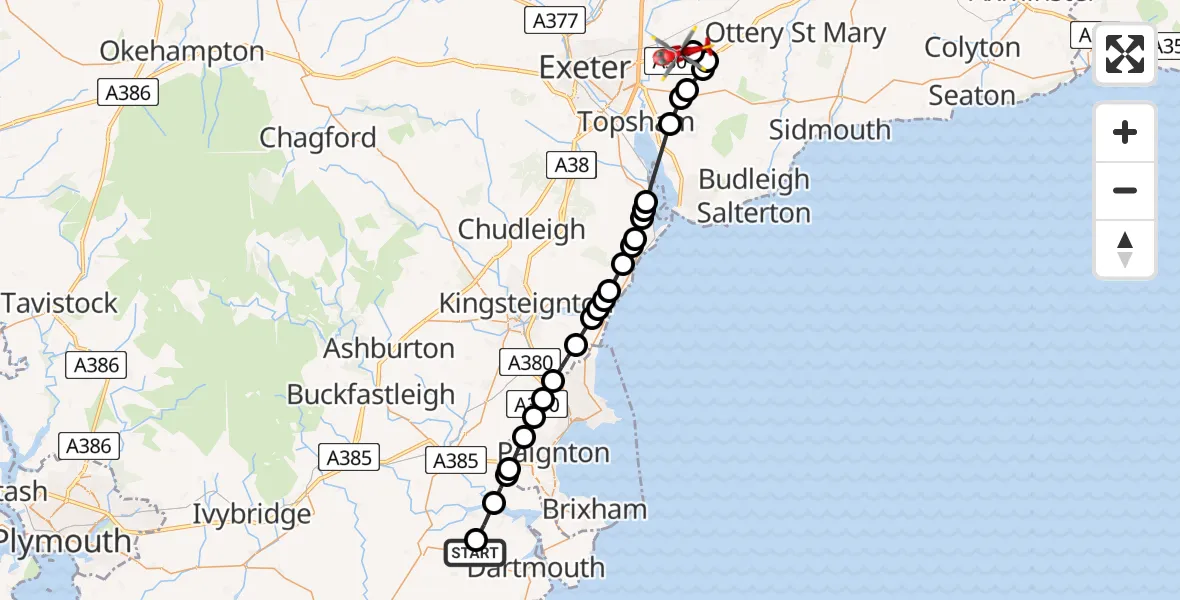 Routekaart van de vlucht: Air Ambulance Helicopter to Exeter International Airport, Exeter International Airport