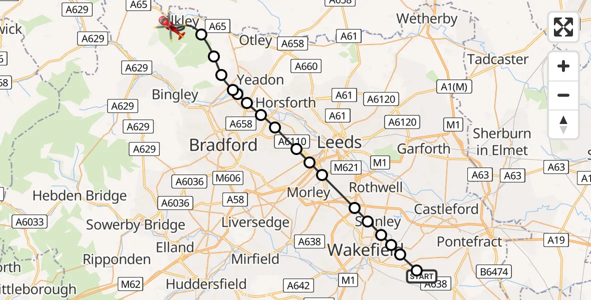 Flight route map: Air Ambulance Helicopter to Ilkley, Panorama Drive