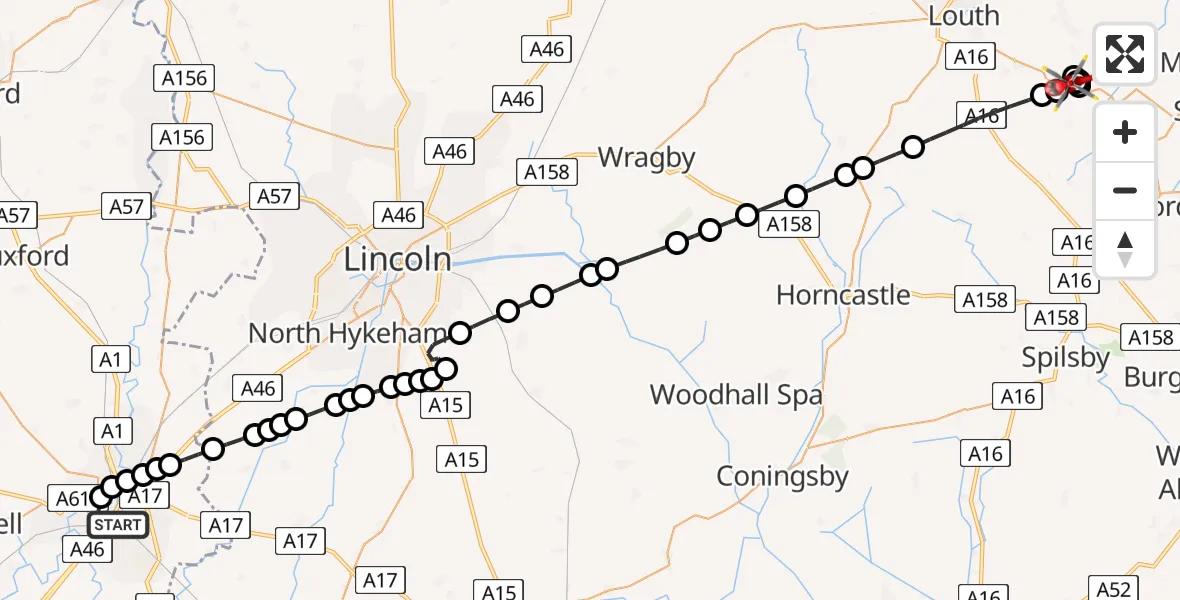 Routekaart van de vlucht: Air Ambulance Helicopter to East Lindsey, A157