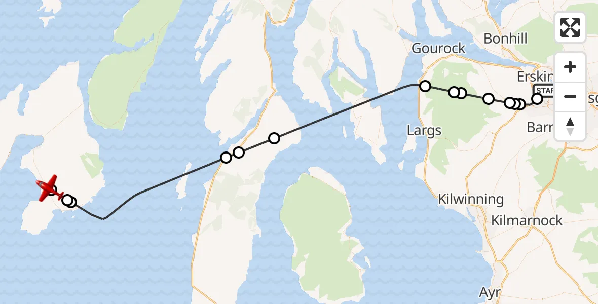 Flight route map: Air Ambulance Aircraft to Glenegedale, Glasgow Airport