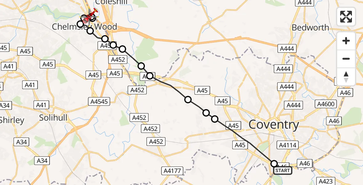 Routekaart van de vlucht: Air Ambulance Helicopter to Kingshurst, A452