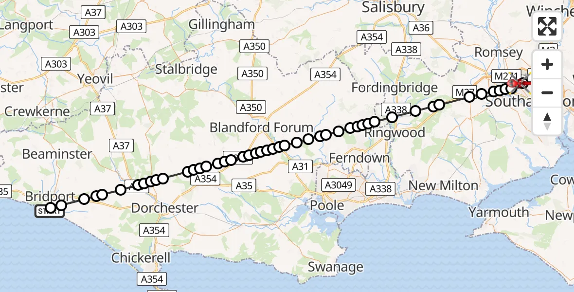 Routekaart van de vlucht: Air Ambulance Helicopter to University Hospital Southampton, University Hospital Southampton