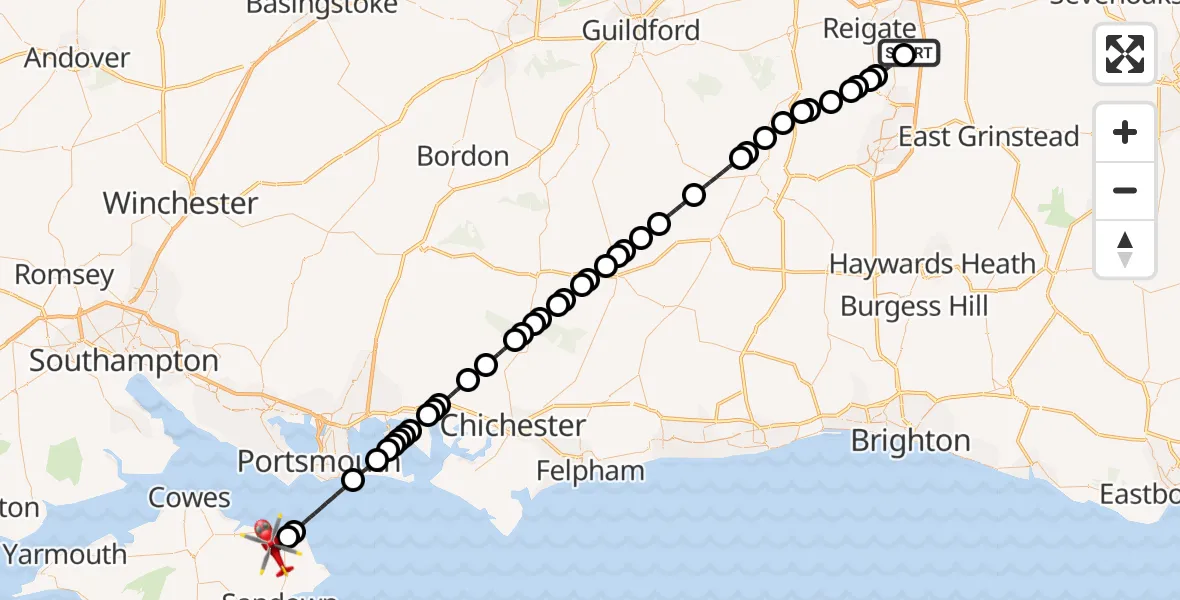 Flight route map: Air Ambulance Helicopter to Ryde, Ashey Road